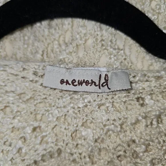 One World Womens Size M Cream Bohemian Crochet Fringe Layered Sweater Beach BOHO - Picture 5 of 11